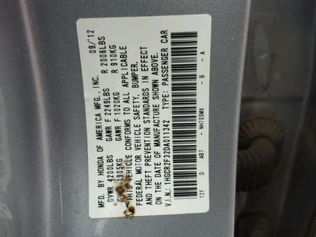 1HGCR2F32DA011342 - 2013 HONDA ACCORD LX SILVER photo 10