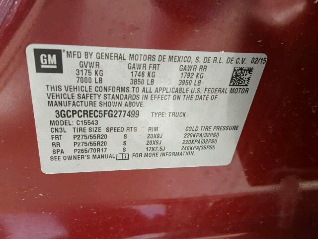 3GCPCREC5FG277499 - 2015 CHEVROLET SILVERADO RED photo 10