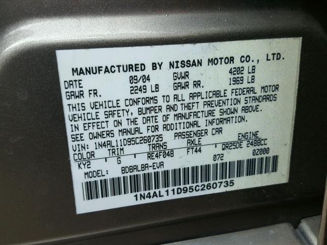 1N4AL11D95C260735 - 2005 NISSAN ALTIMA S TAN photo 10