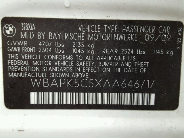 WBAPK5C5XAA646717 - 2010 BMW 328 XI SUL WHITE photo 10