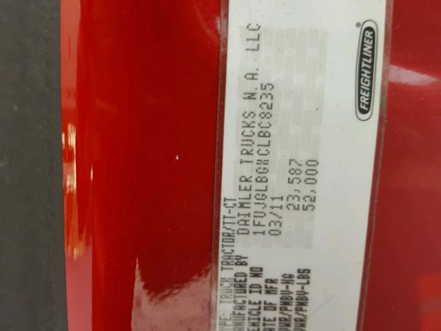 1FUJGLBGXCLBC8235 - 2012 FREIGHTLINER CASCADIA 1 RED photo 10