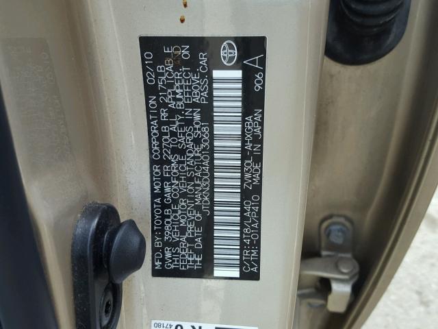 JTDKN3DU4A0130681 - 2010 TOYOTA PRIUS GOLD photo 10