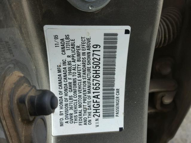 2HGFA16576H502719 - 2006 HONDA CIVIC LX CHARCOAL photo 10