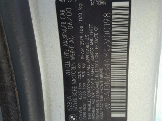 WBADM6344YGV00198 - 2000 BMW 528 I AUTO SILVER photo 10