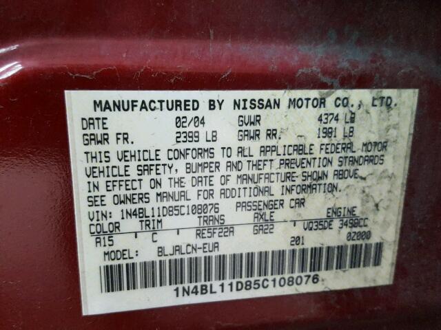 1N4BL11D85C108076 - 2005 NISSAN ALTIMA SE RED photo 10