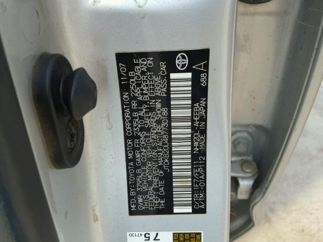 JTDKB20U487730188 - 2008 TOYOTA PRIUS SILVER photo 10