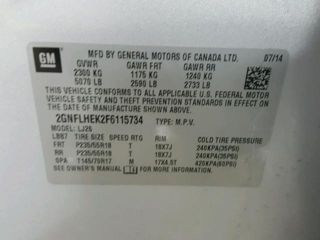 2GNFLHEK2F6115734 - 2015 CHEVROLET EQUINOX LT SILVER photo 10