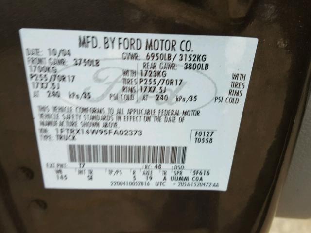 1FTRX14W95FA02373 - 2005 FORD F150 BLACK photo 10