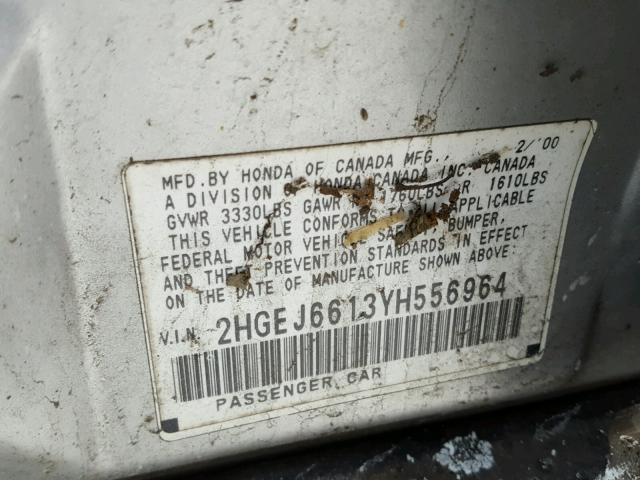 2HGEJ6613YH556964 - 2000 HONDA CIVIC BASE GRAY photo 10