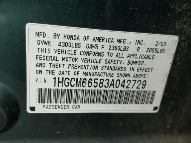 1HGCM66583A042729 - 2003 HONDA ACCORD GREEN photo 10