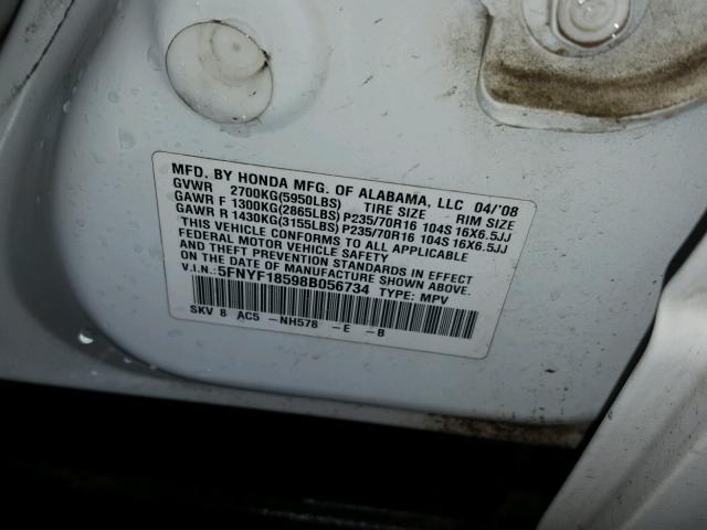 5FNYF18598B056734 - 2008 HONDA PILOT EXL WHITE photo 10