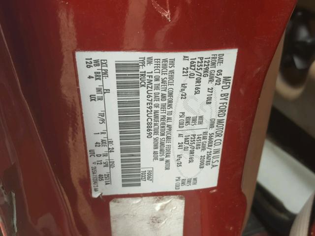 1FMZU67E92UC88690 - 2002 FORD EXPLORER S RED photo 10