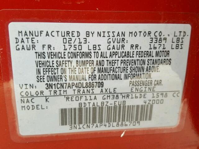 3N1CN7AP4DL886709 - 2013 NISSAN VERSA S RED photo 10