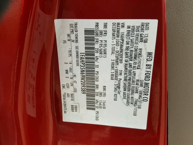 1FAHP35N69W209389 - 2009 FORD FOCUS SE RED photo 10