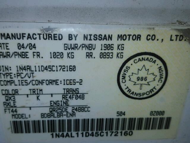 1N4AL11D45C172160 - 2005 NISSAN ALTIMA S WHITE photo 10