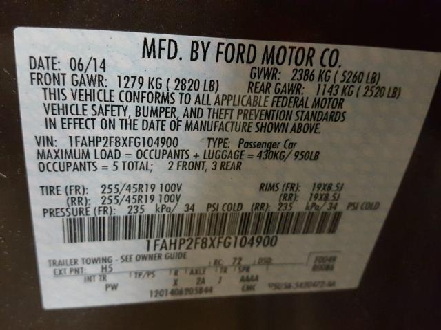 1FAHP2F8XFG104900 - 2015 FORD TAURUS LIM BROWN photo 10