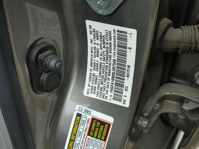 1HGFA16888L097549 - 2008 HONDA CIVIC EX Boz foto 10