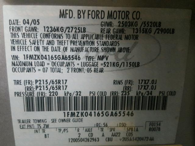 1FMZK04165GA65546 - 2005 FORD FREESTYLE SILVER photo 10