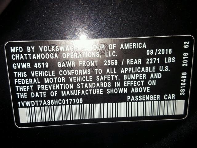 1VWDT7A36HC017709 - 2017 VOLKSWAGEN PASSAT R-L BLACK photo 10