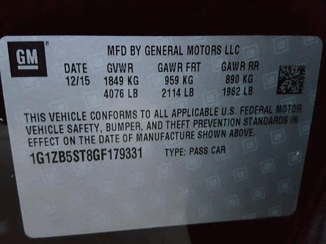 1G1ZB5ST8GF179331 - 2016 CHEVROLET MALIBU LS შავი ფოტო 10