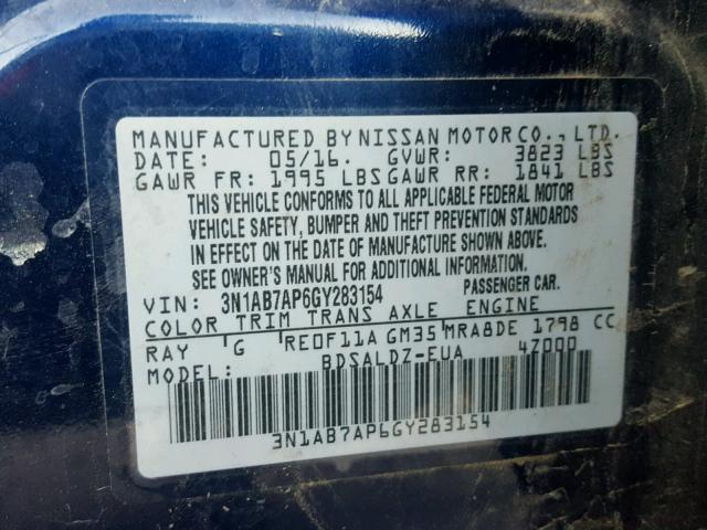 3N1AB7AP6GY283154 - 2016 NISSAN SENTRA S BLUE photo 10