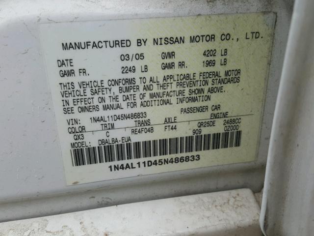 1N4AL11D45N486833 - 2005 NISSAN ALTIMA S WHITE photo 10