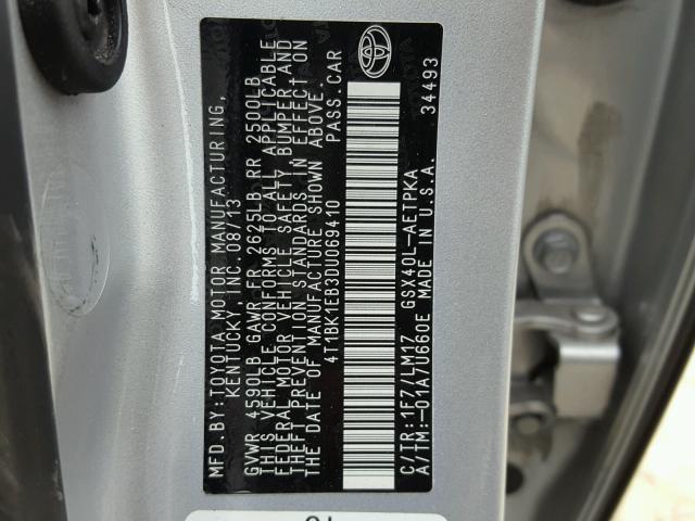 4T1BK1EB3DU069410 - 2013 TOYOTA AVALON BAS SILVER photo 10