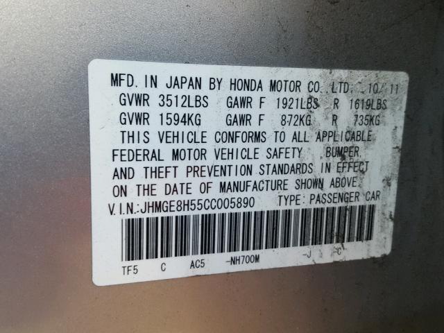 JHMGE8H55CC005890 - 2012 HONDA FIT SPORT SILVER photo 10