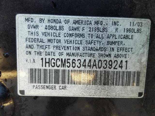 1HGCM56344A039241 - 2004 HONDA ACCORD LX BLACK photo 10