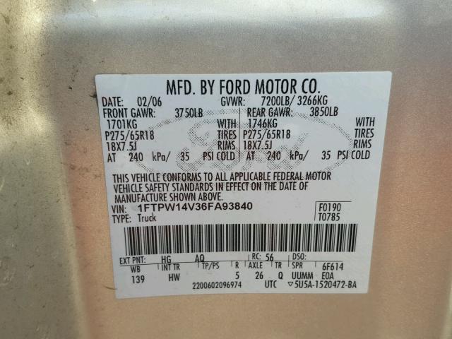 1FTPW14V36FA93840 - 2006 FORD F150 SUPER SILVER photo 10