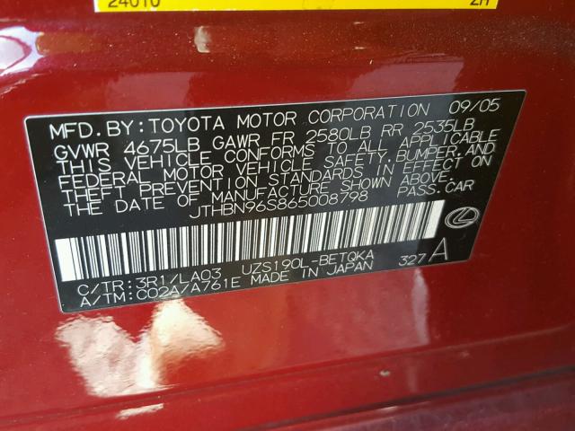 JTHBN96S865008798 - 2006 LEXUS GS GENERAT RED photo 10