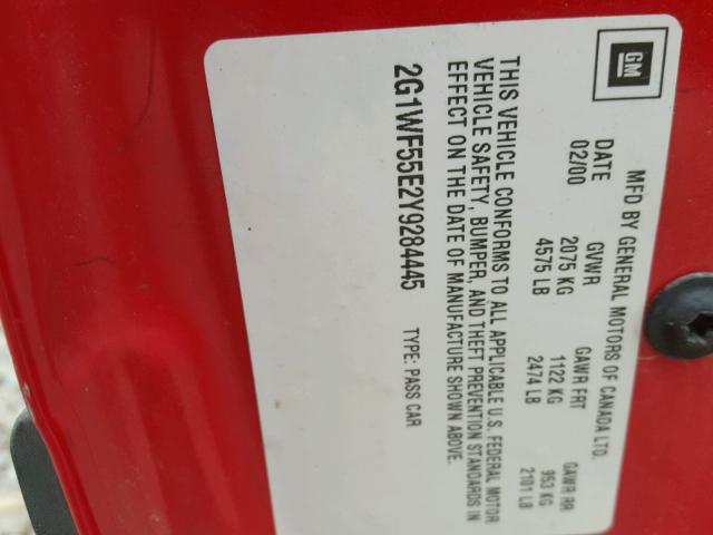 2G1WF55E2Y9284445 - 2000 CHEVROLET IMPALA RED photo 10