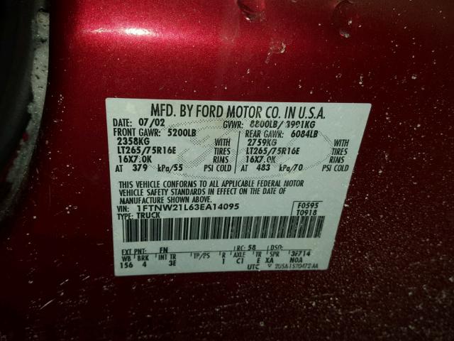 1FTNW21L63EA14095 - 2003 FORD F250 SUPER RED photo 10