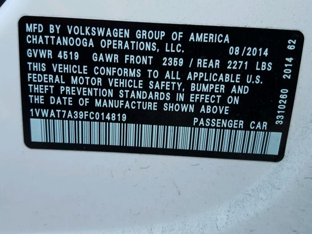 1VWAT7A39FC014819 - 2015 VOLKSWAGEN PASSAT S თეთრი ფოტო 10