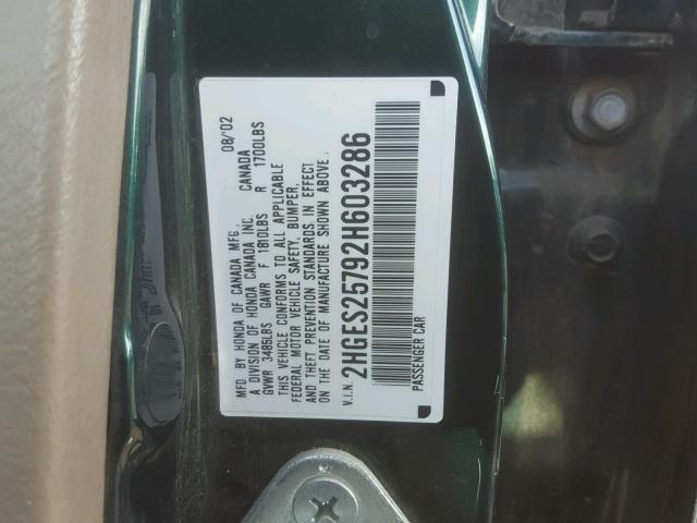 2HGES25792H603286 - 2002 HONDA CIVIC EX GREEN photo 10