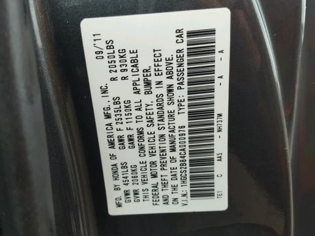 1HGCS2B84CA000976 - 2012 HONDA ACCORD EXL GRAY photo 10