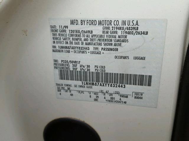 1LNHM87AXYY832443 - 2000 LINCOLN LS 白色 照片 10