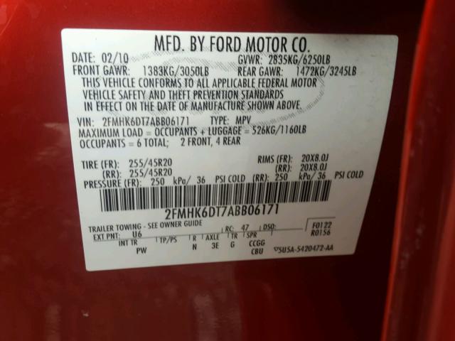 2FMHK6DT7ABB06171 - 2010 FORD FLEX LIMIT RED photo 10