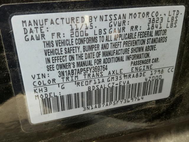 3N1AB7AP5FY369764 - 2015 NISSAN SENTRA S BLACK photo 10