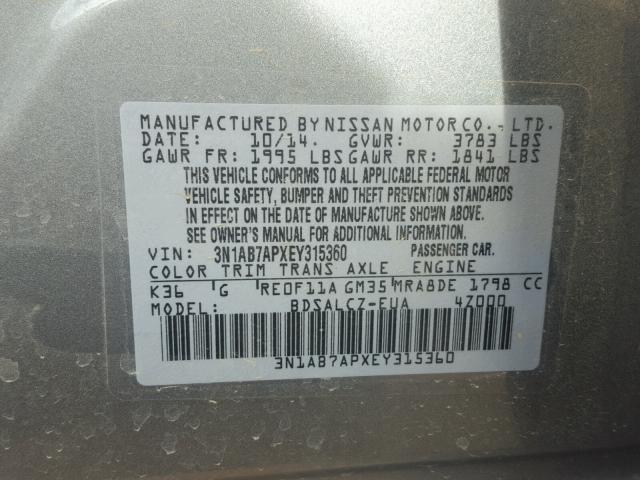 3N1AB7APXEY315360 - 2014 NISSAN SENTRA S GRAY photo 10