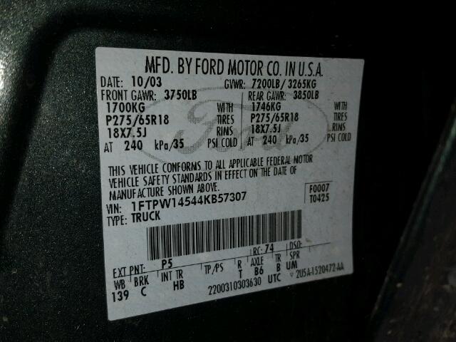 1FTPW14544KB57307 - 2004 FORD F150 SUPER GREEN photo 10