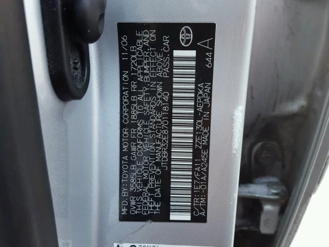 JTDBR32E870118140 - 2007 TOYOTA COROLLA CE SILVER photo 10