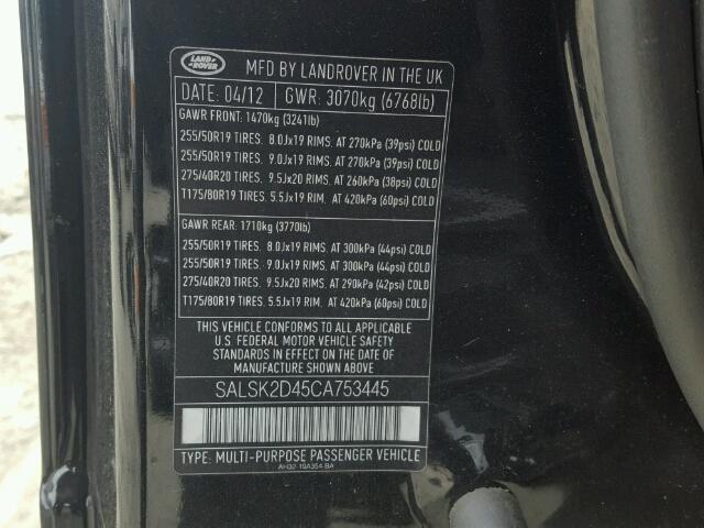 SALSK2D45CA753445 - 2012 LAND ROVER RANGE ROVE BLACK photo 10