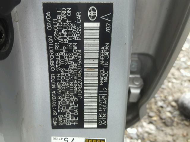 JTDKB20UX63156474 - 2006 TOYOTA PRIUS SILVER photo 10