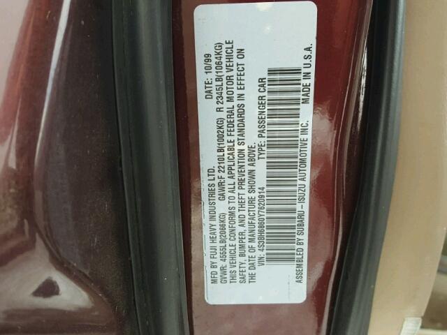 4S3BH6860Y7620914 - 2000 SUBARU LEGACY OUT MAROON photo 10