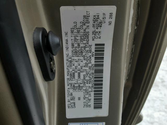 5TDBA23C34S014825 - 2004 TOYOTA SIENNA LE GOLD photo 10