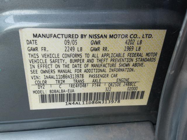 1N4AL11D86N313978 - 2006 NISSAN ALTIMA S GREEN photo 10