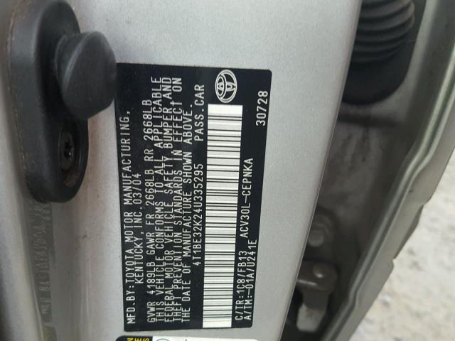 4T1BE32K24U335295 - 2004 TOYOTA CAMRY LE ვერცხლისფერი ფოტო 10