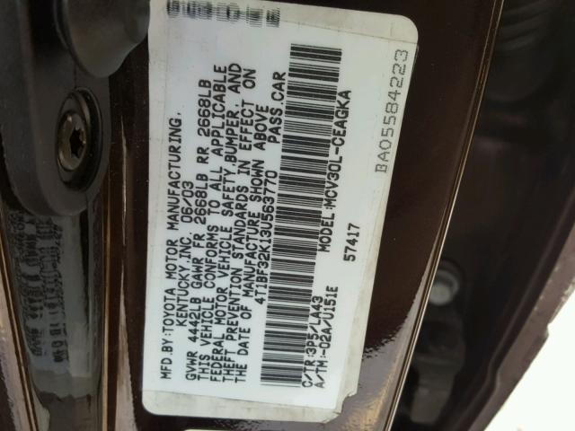 4T1BF32K13U563770 - 2003 TOYOTA CAMRY LE BLACK photo 10