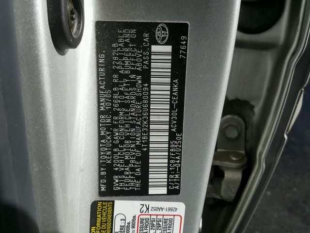 4T1BE32K36U680094 - 2006 TOYOTA CAMRY LE ვერცხლისფერი ფოტო 10